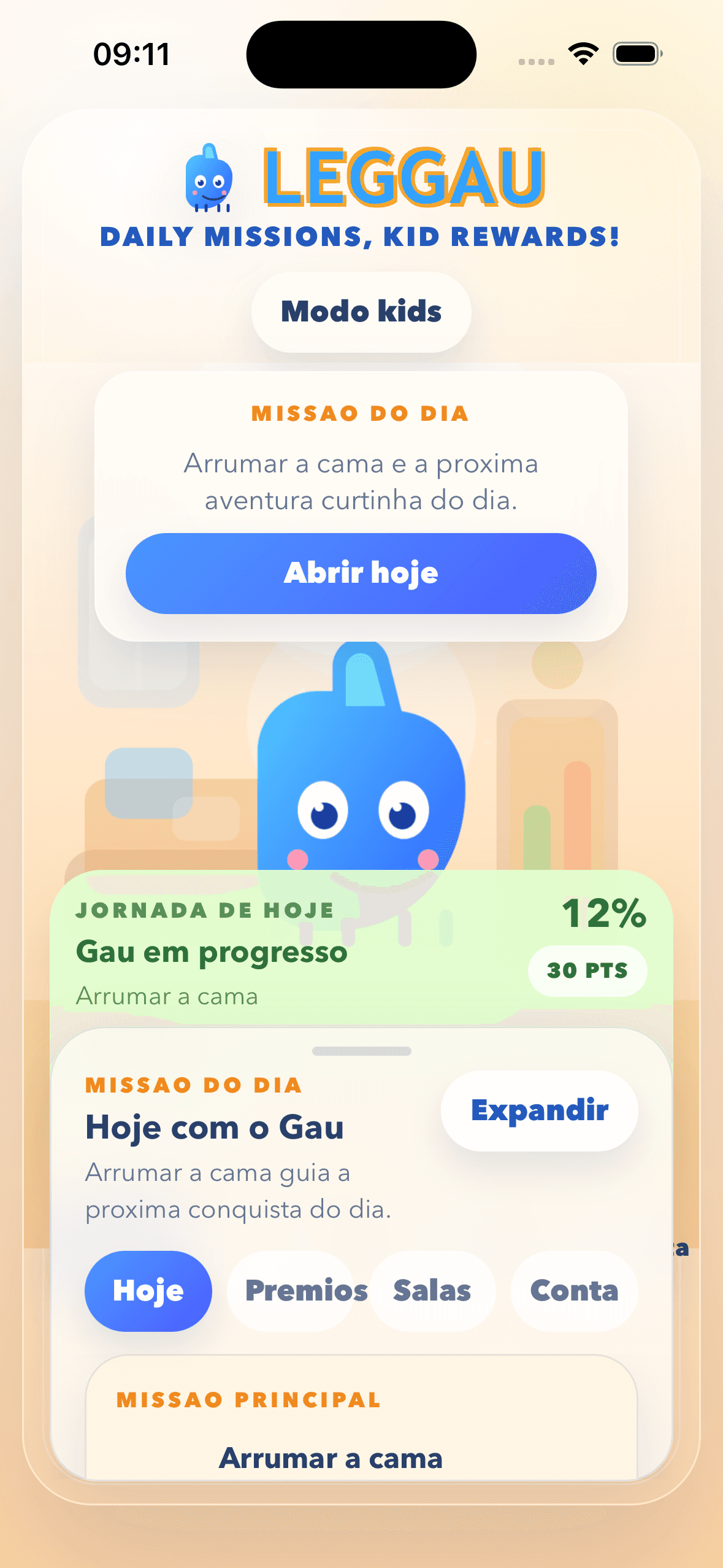 Tela do Leggau Kids com Gau, progresso do dia e a jornada principal.