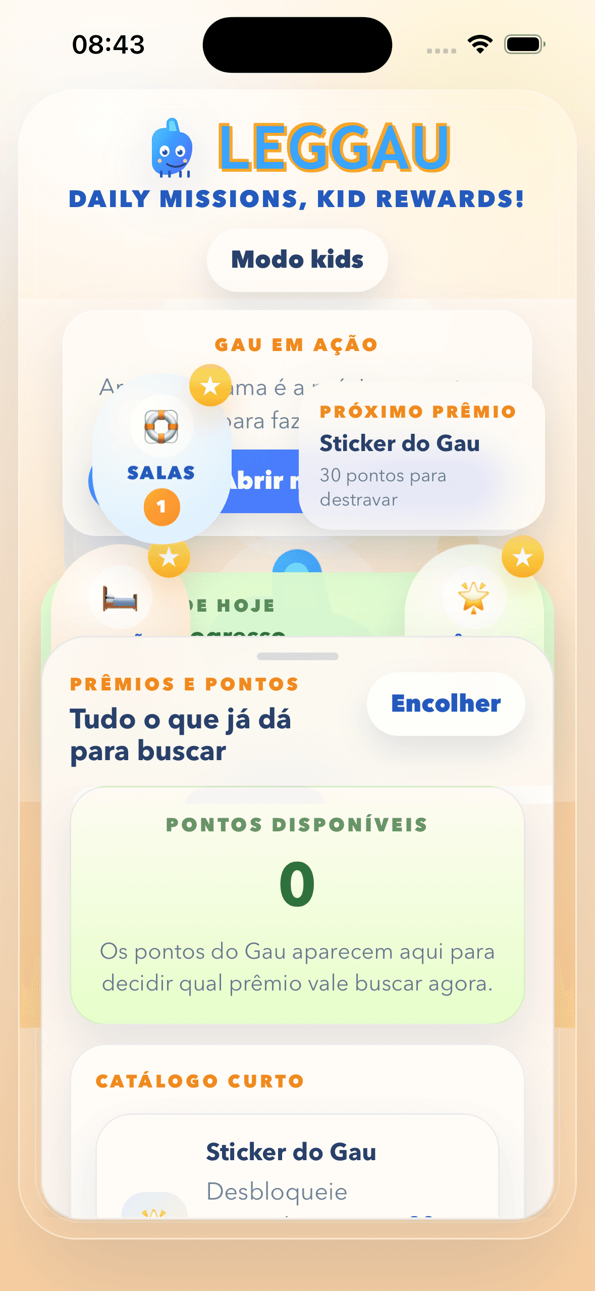 Tela do app com premios e pontos da jornada infantil.